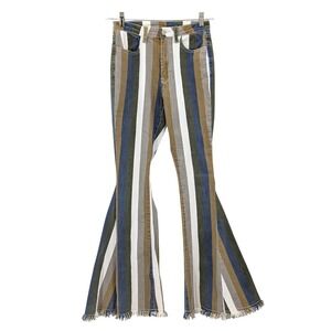 Saints & Hearts Striped Flare Jeans Boho Bell Bottom Frayed Hem Blue Green Small